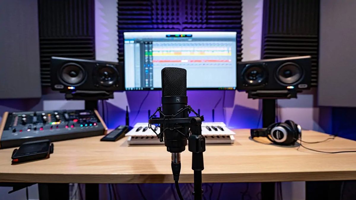 Home creator studio with microphone, monitors and mixer